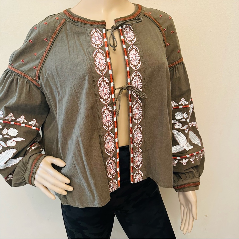 Embroidered Olive Blouse with Floral Accents